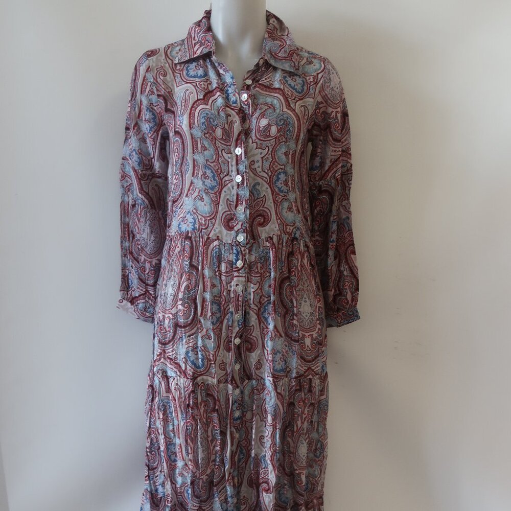 Paisley Print Maxi Shirt Dress in Burgundy and Blue